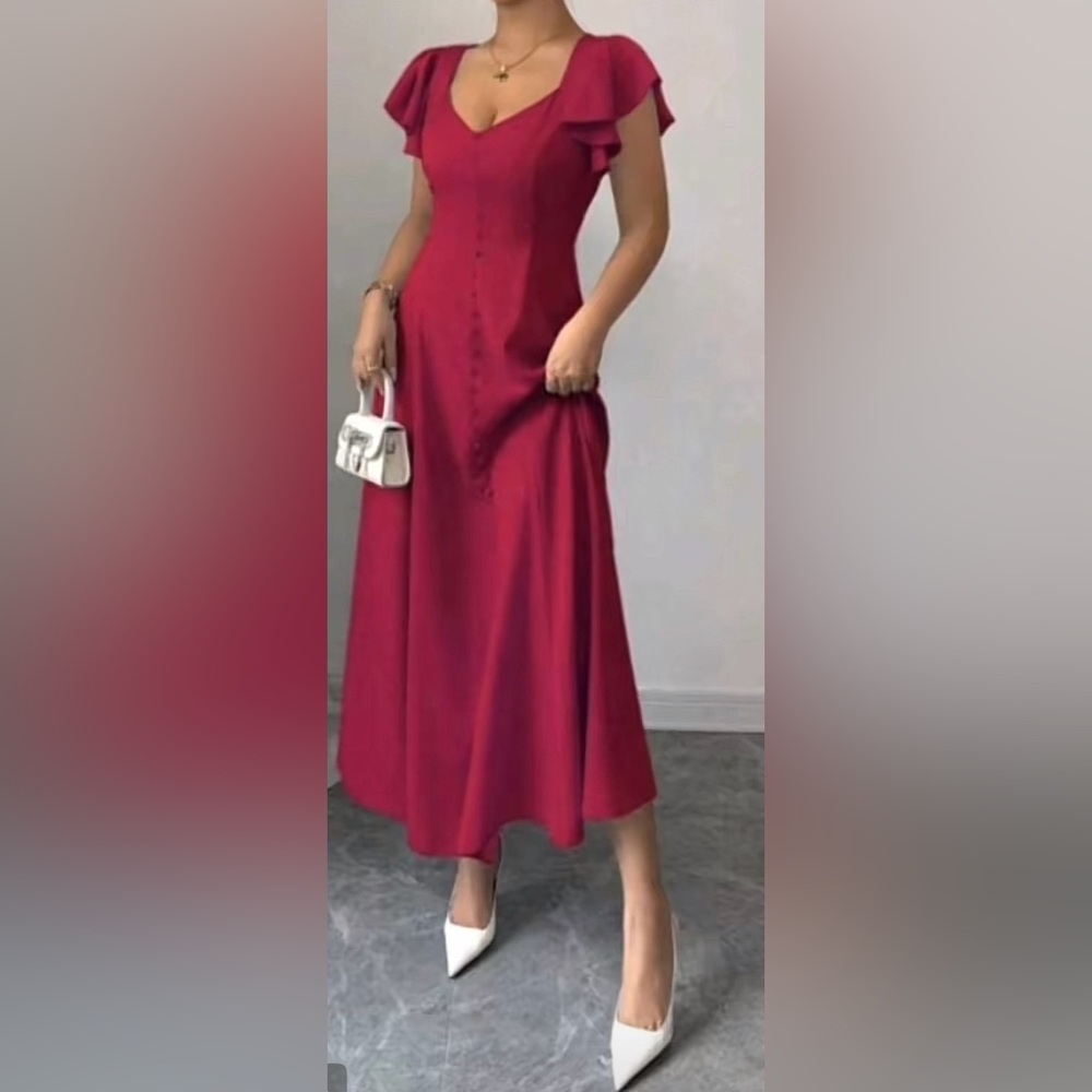 Elegant Red Midi Dress w ruffle sleeves